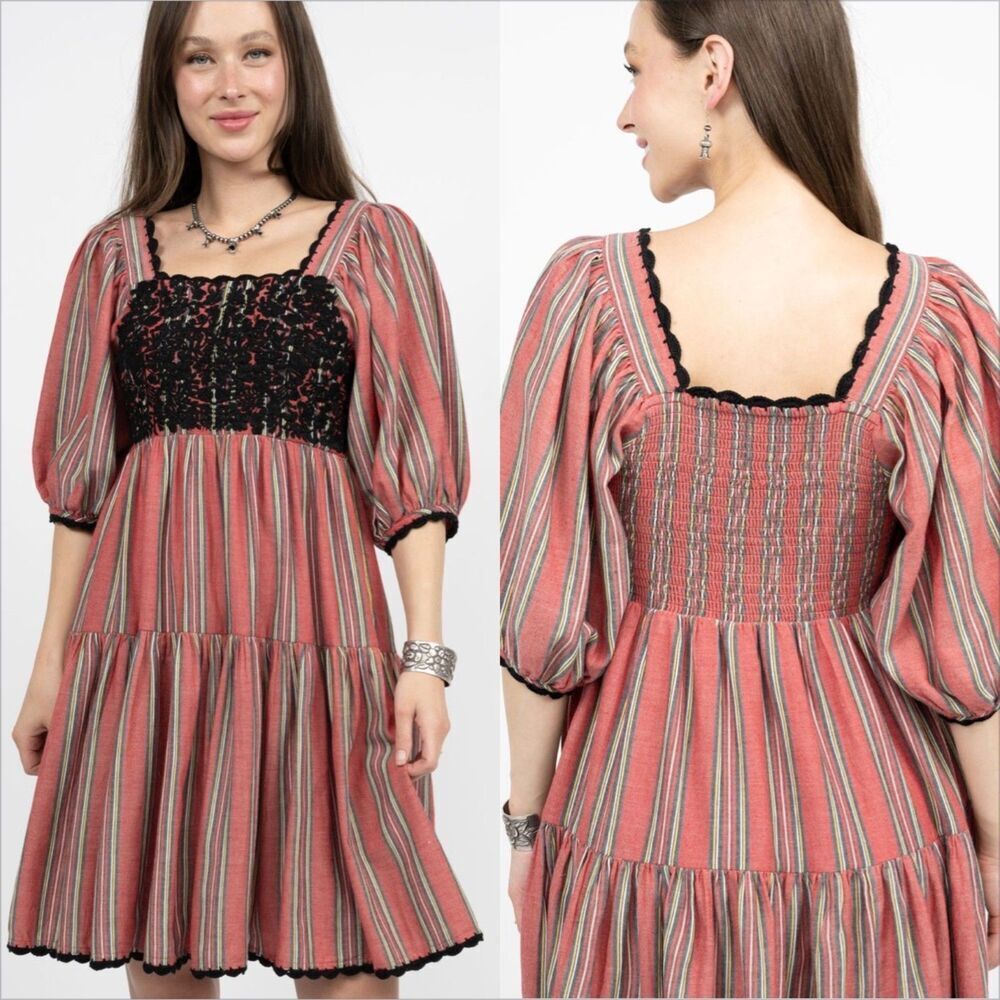 Sister Mary Sierra Dress Size Large Cotton Stripe Embroidered Smocked Boho Red